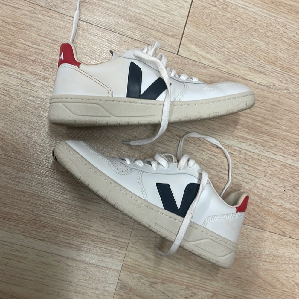 Veja V-12 Leather Sneakers White Black Red Accents